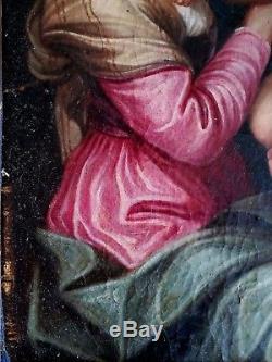 Ancien tableau, HST, Vierge à l'enfant, St Jean Baptiste, école italienne, XVIIe