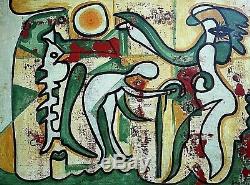 Ancien tableau HST composition abstraite signé sv Joan Miro XXème