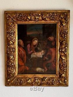 Ancien tableau, HST, école italienne, Maternité, Vierge à l'enfant, apôtres, XVIIème