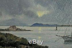 Ancien tableau HST marine paysage Hyères Porquerolles Côte d'Azur signé XXème