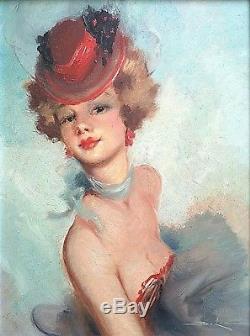Ancien tableau HST portrait de femme signé suiveur Domergue Art Déco début XXe