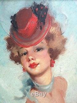 Ancien tableau HST portrait de femme signé suiveur Domergue Art Déco début XXe