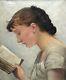 Ancien tableau, HST, portrait, femme à la lecture, époque XIXème siècle
