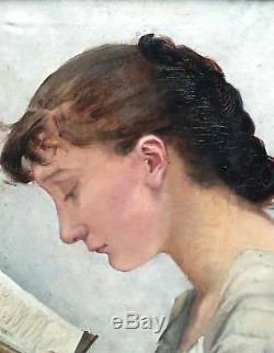 Ancien tableau, HST, portrait, femme à la lecture, époque XIXème siècle