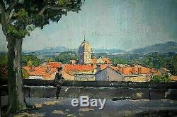 Ancien tableau HST vue animé de la terrasse du Peyrou Montpellier signé XXe