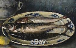 Ancien tableau HT Nature morte aux poissons signé Gaston Lestrade Belge XXe