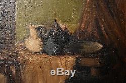 Ancien tableau HT scène de genre atelier peintre signé Gaston Lestrade Belge XXe