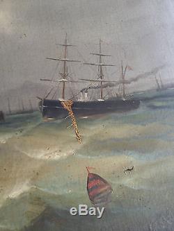 Ancien tableau / Huile sur toile signé M. MAX. Belle marine, bateaux français