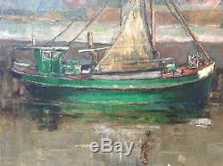 Ancien tableau Impressionniste Bateau Chalutier au Port en Bretagne Huile signée