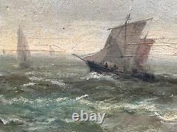 Ancien tableau Marine Ciel Normandie bateau Voiliers en Mer signé 19e