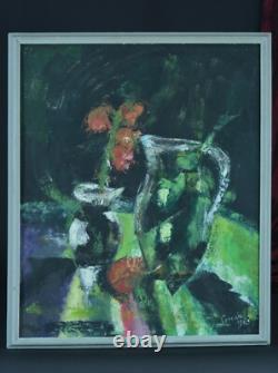 Ancien tableau Nature Morte Vase fleur expressionniste 1963 signé Crouzil