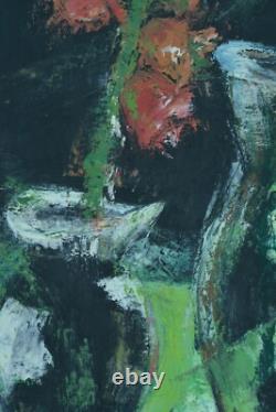 Ancien tableau Nature Morte Vase fleur expressionniste 1963 signé Crouzil