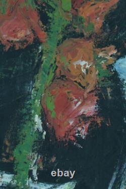 Ancien tableau Nature Morte Vase fleur expressionniste 1963 signé Crouzil