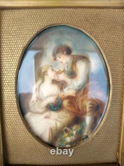 Ancien tableau Peinture Miniature portrait scène galante