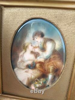 Ancien tableau Peinture Miniature portrait scène galante