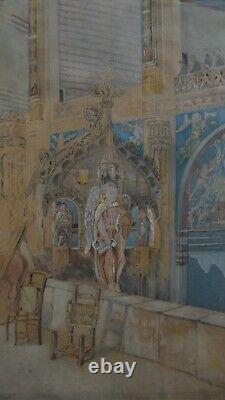 Ancien tableau XIX aquarelle scene de genre putti angelo Ecole Italienne