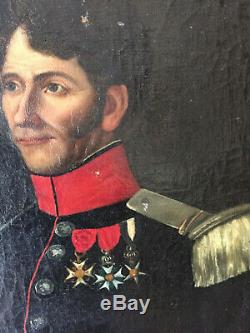Ancien tableau XIXe Grand Portrait Militaire Officier Légion Honneur Huile toile