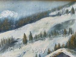 Ancien tableau XX huile paysage enneigé massif montagne Chalets Les Alpes Signé