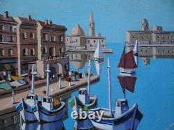 Ancien tableau XX huile port bateaux naif fauvisme attribué à Cagninacci Corse