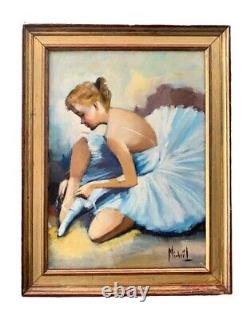 Ancien tableau XX huile sur toile ballerine tutu bleu signé impressionnisme