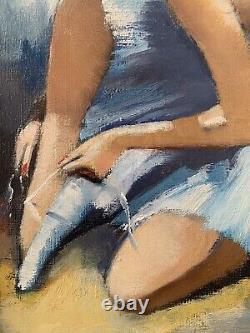 Ancien tableau XX huile sur toile ballerine tutu bleu signé impressionnisme