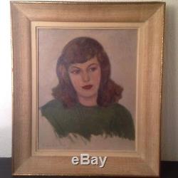 Ancien tableau XXe Portrait Femme Huile sur toile Signée C1947 American Painter