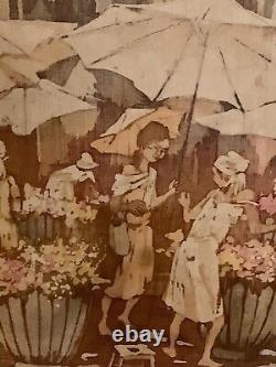 Ancien tableau aquarelle scène de marché aux fleurs animée peinture malgache