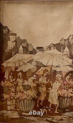 Ancien tableau aquarelle scène de marché aux fleurs animée peinture malgache