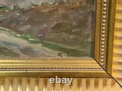 Ancien tableau bois peinture huile sur panneau doré à la feuille G. Costeau