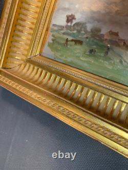 Ancien tableau bois peinture huile sur panneau doré à la feuille G. Costeau