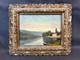 Ancien tableau cadre en bois peinture &agrave; l'huile sur panneau sign&eacute; sc&egrave;ne fluviale