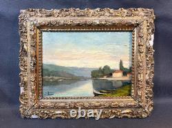 Ancien tableau cadre en bois peinture à l'huile sur panneau signé scène fluviale