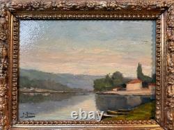Ancien tableau cadre en bois peinture à l'huile sur panneau signé scène fluviale