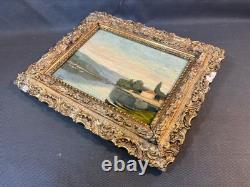 Ancien tableau cadre en bois peinture à l'huile sur panneau signé scène fluviale
