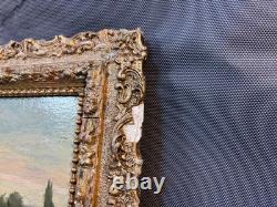 Ancien tableau cadre en bois peinture à l'huile sur panneau signé scène fluviale