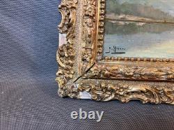 Ancien tableau cadre en bois peinture à l'huile sur panneau signé scène fluviale