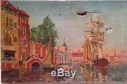 Ancien tableau de LOUIS PETIT (1864-1937) Marine à Venise 19è Huile à restaurer