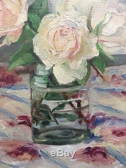 Ancien tableau début XXe Roses vase Bouquet de fleurs Huile sur toile signée
