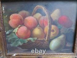 Ancien tableau encadré XIXe huile sur toile nature morte aux fruits entablement