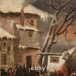 Ancien tableau flamand peinture huile sur toile paysage d'hiver 18ème siècle