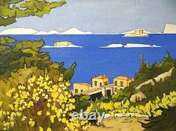 Ancien tableau hst paysage fauve marine Art Deco Calanques Marseille Îles Signé