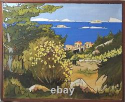 Ancien tableau hst paysage fauve marine Art Deco Calanques Marseille Îles Signé