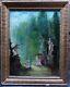Ancien tableau huile XIX scène galante parc romantique animé signé MORENO