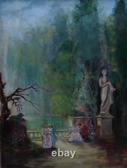 Ancien tableau huile XIX scène galante parc romantique animé signé MORENO