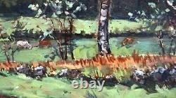 Ancien tableau huile paysage animé vaches La Creuse signé Lassalle dlg Sisley