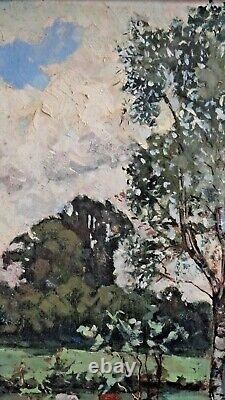 Ancien tableau huile paysage animé vaches impressionnisme Lassalle dlg Sisley