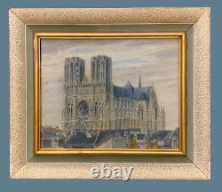 Ancien tableau huile paysage cathédrale Reims toitures figuratif signé J Marsal