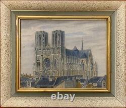 Ancien tableau huile paysage cathédrale Reims toitures figuratif signé J Marsal