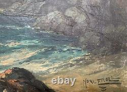 Ancien tableau huile paysage marine calanque vagues falaises signe Marc Froll XX