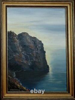 Ancien tableau huile paysage marine falaises bord de mer crépuscule Signe
